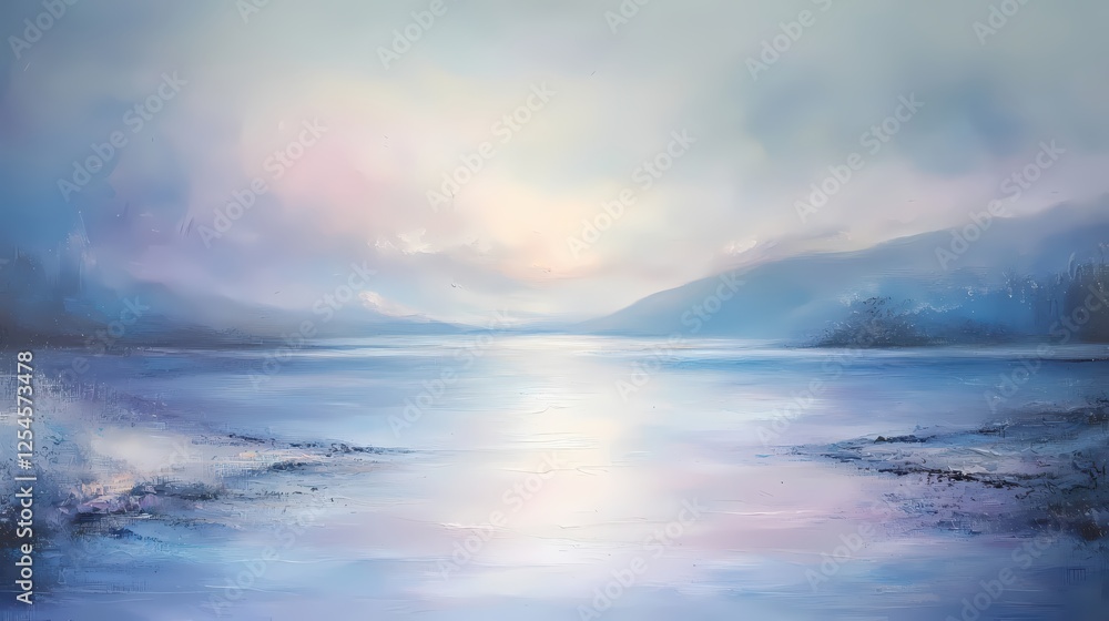 Obraz premium Serene Vista of Distant Mountains Reflected in Calm Waters Under a Pastel Hued Sky