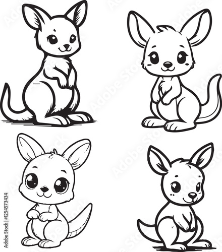"Adorable Cartoon Baby Kangaroo Illustrations - Set of 4 Cute Kangaroo Drawings"