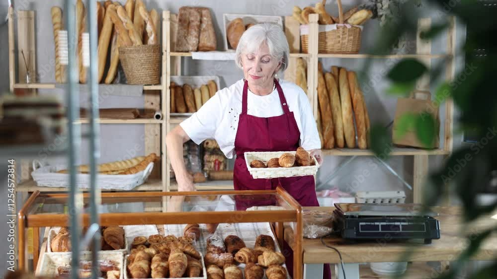 Elderly woman seller in apron putting fresh croissants on counter in bakery Elderly woman seller in apron putting fresh croissants on counter in bakery