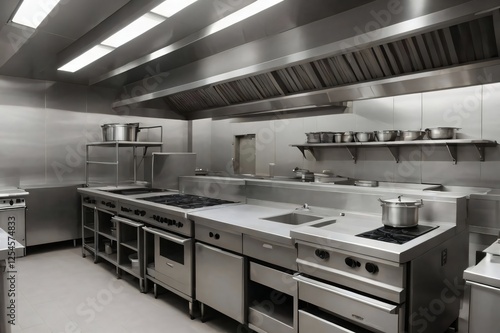 Commercial kitchen interior, oven, exhaust, sinks, stainless steel, Ai created
