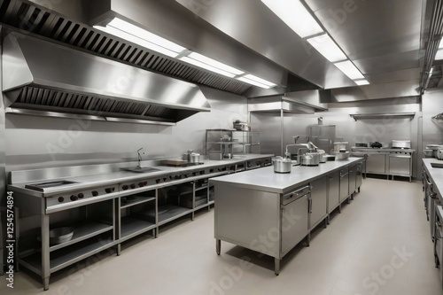 Commercial kitchen interior, oven, exhaust, sinks, stainless steel, Ai created