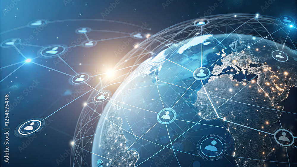 Obraz premium Futuristic digital globe with interconnected nodes representing global communication and networking