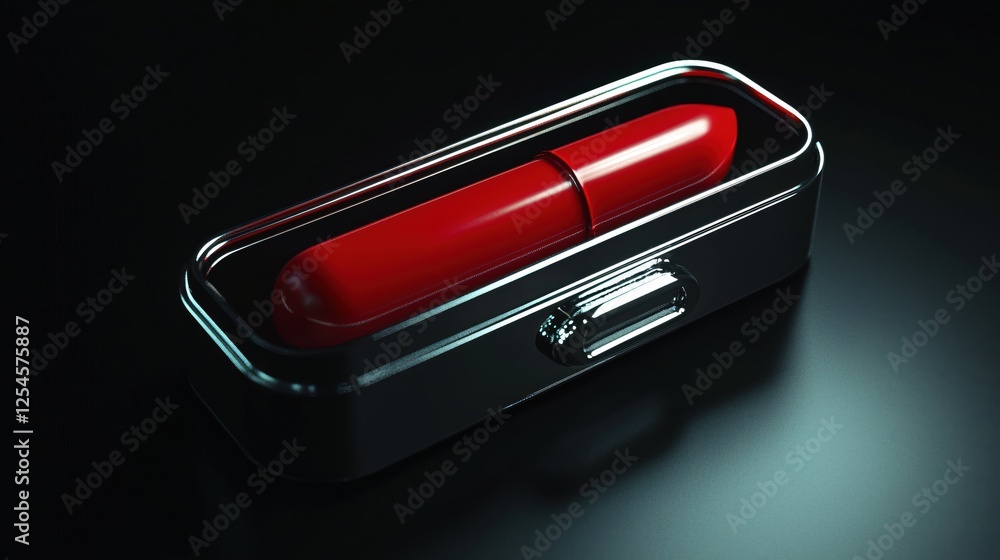 Red Capsule in Sleek Silver Container on Dark Background Reflective Surface Minimalist Design Red Capsule in Sleek Silver Container on Dark Background Reflective Surface Minimalist Design