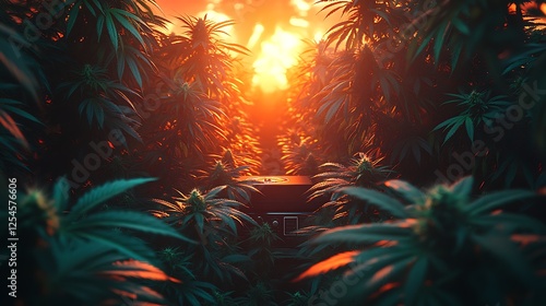 A psychedelic music festival setup featuring vinyl records cannabis leaves and a vintage stereo