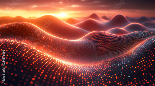 digital wave with flowing particles symbolizes the complexity and constant evolution of technology, data, and the interconnected digital world in a vibrant, blurred visual space photo