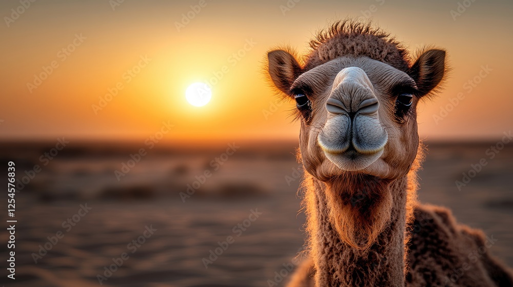 Obraz premium Camel portrait against a stunning sunset in a desert landscape, showcasing serene beauty