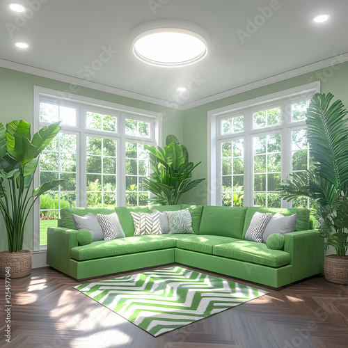 Sunlit Green Living Room 3D Illustration