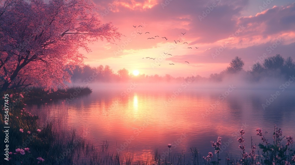 Beautiful Cherry Blossom Tree by Calm River at Sunset. Generative AI