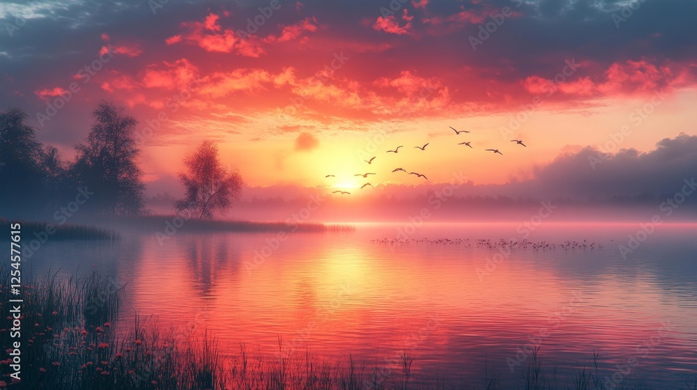 Sunset Reflection on Lake with Birds in the Sky. Generative AI Sunset Reflection on Lake with Birds in the Sky. Generative AI