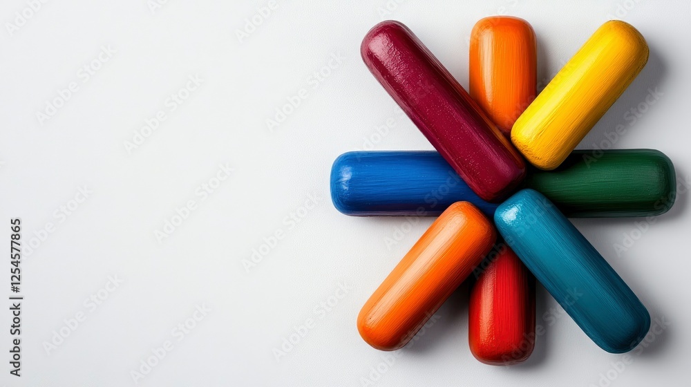 Colorful Crayons Arranged in a Starburst Pattern on White Background Colorful Crayons Arranged in a Starburst Pattern on White Background