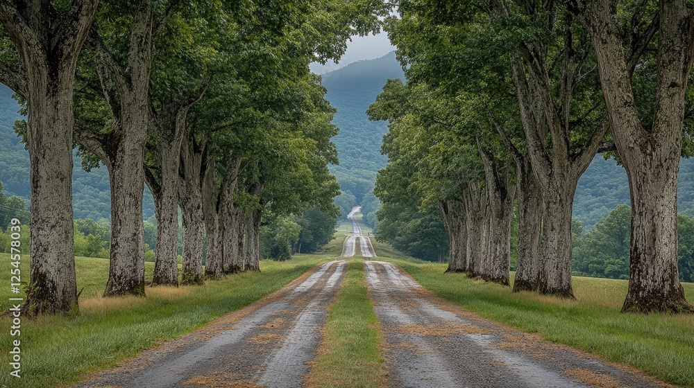 Serene tree-lined road leading to a distant farmhouse amidst lush green mountains Serene tree-lined road leading to a distant farmhouse amidst lush green mountains