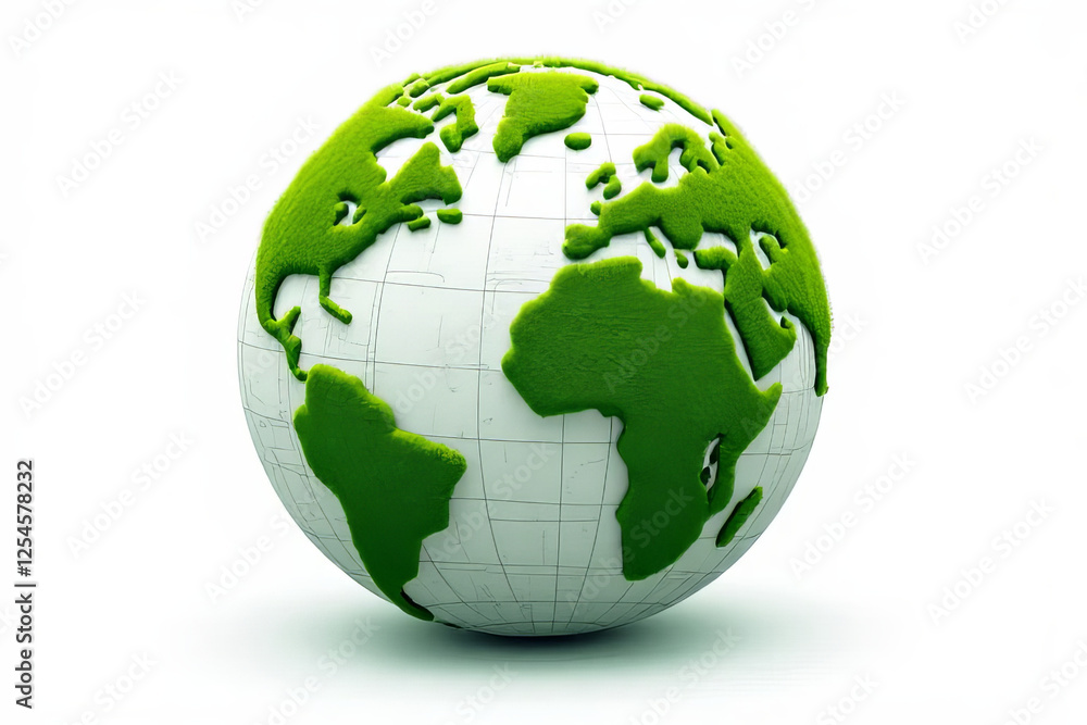 Green globe with textured continents on white background, symbolizing sustainability and environmental awareness Green globe with textured continents on white background, symbolizing sustainability and environmental awareness
