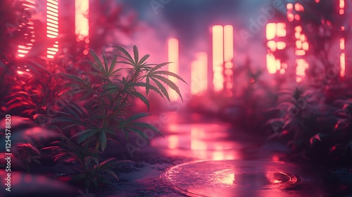 A surreal vaporwave aesthetic featuring floating vinyl records cannabis leaves and neon grid backgrounds