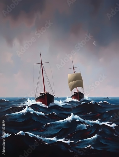 Wallpaper Mural Two Sailing Ships Navigating Rough Seas with Cloudy Sky Artwork Torontodigital.ca