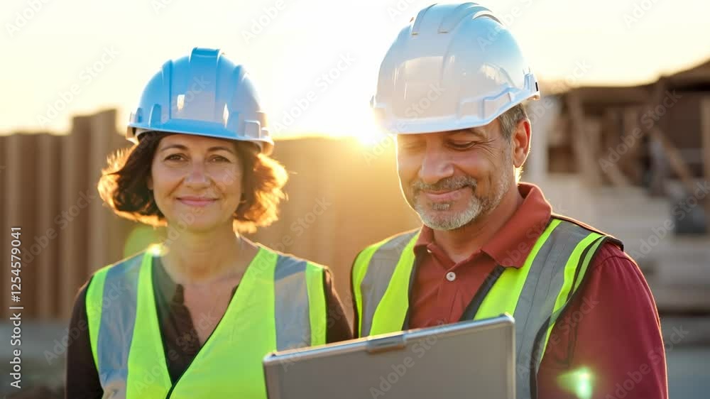 Portrait of a male and female engineers: Caucasian supervisors at a construction site. Portrait of a male and female engineers: Caucasian supervisors at a construction site.