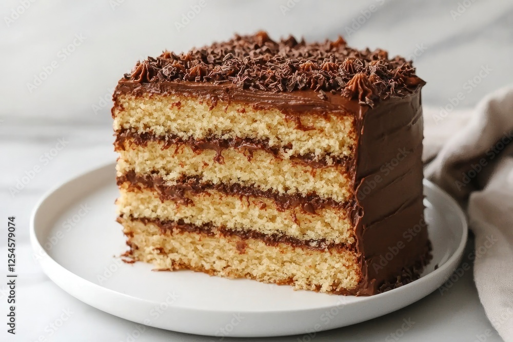 Cake slice on plate. Dessert treat with layered frosting and chocolate sprinkles Cake slice on plate. Dessert treat with layered frosting and chocolate sprinkles