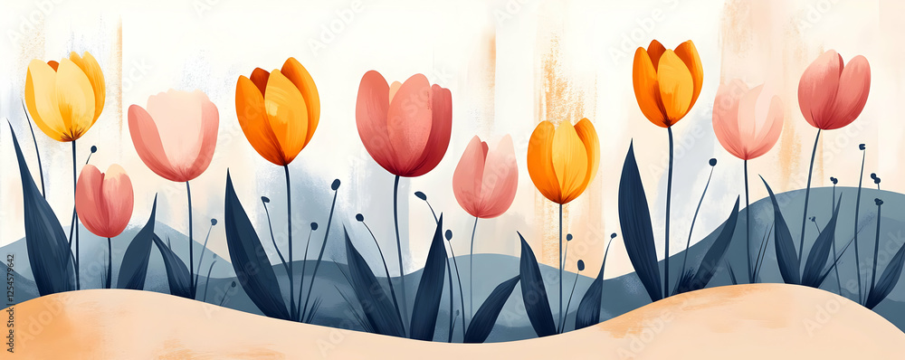 custom made wallpaper toronto digitalPainted tulips, spring meadow, pastel hills, banner