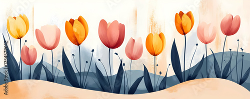 Wallpaper Mural Painted tulips, spring meadow, pastel hills, banner Torontodigital.ca