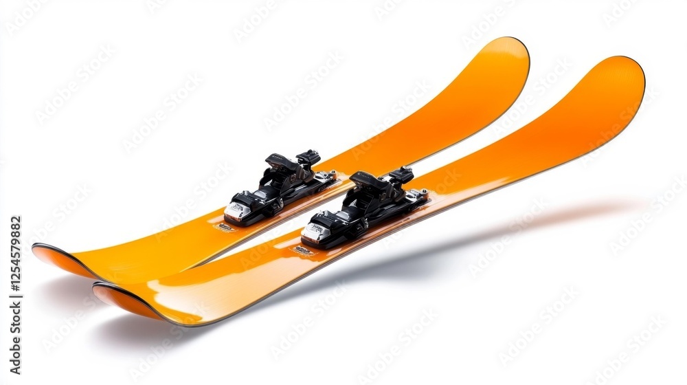 Stylish Orange Ski Equipment with Modern Bindings on White Background. Generative AI Stylish Orange Ski Equipment with Modern Bindings on White Background. Generative AI