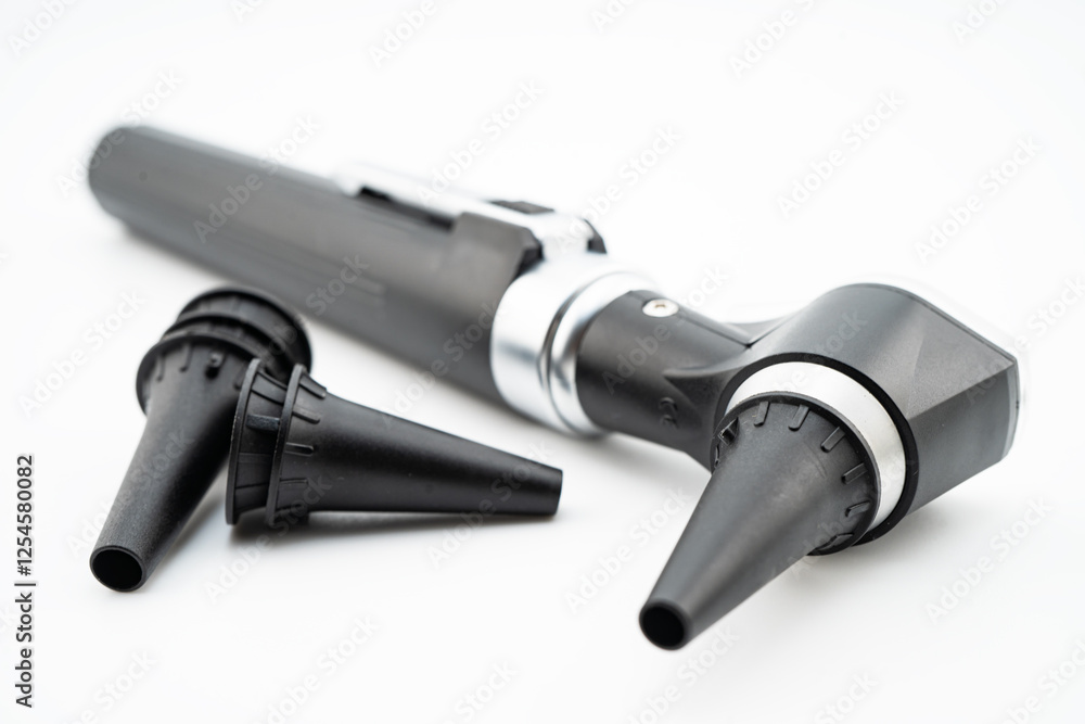 Otoscope isolated on white background for otolaryngologist or ENT physician doctor examining senior patient ear, hearing loss problem. Otoscope isolated on white background for otolaryngologist or ENT physician doctor examining senior patient ear, hearing loss problem.