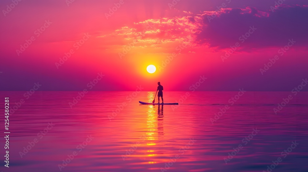 Silhouette of a man paddleboarding during a vibrant sunset. Peaceful and serene atmosphere. Sunset Paddleboarding: A Serene Silhouette at Dusk Silhouette of a man paddleboarding during a vibrant sunset. Peaceful and serene atmosphere. Sunset Paddleboarding: A Serene Silhouette at Dusk