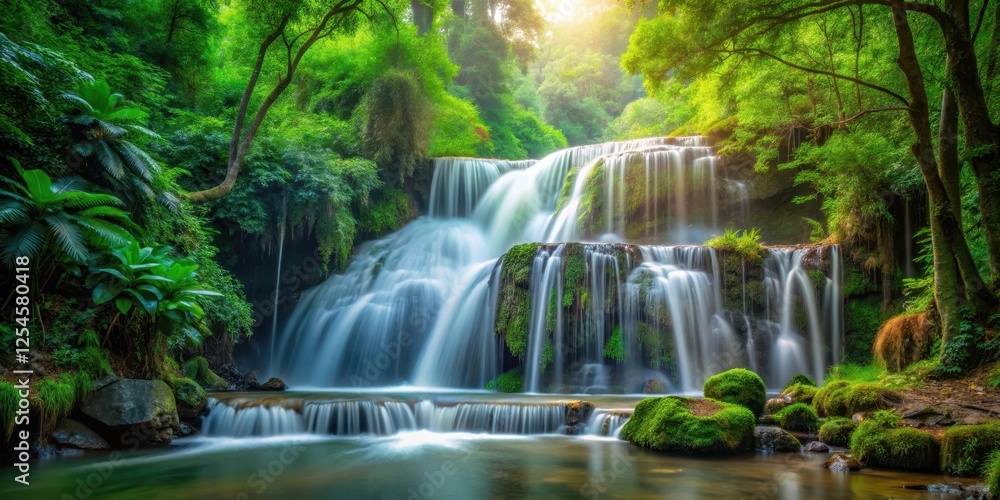 Waterfall cascade in dense forest, greenery and foliage, forests, outdoor scenery, forests Waterfall cascade in dense forest, greenery and foliage, forests, outdoor scenery, forests