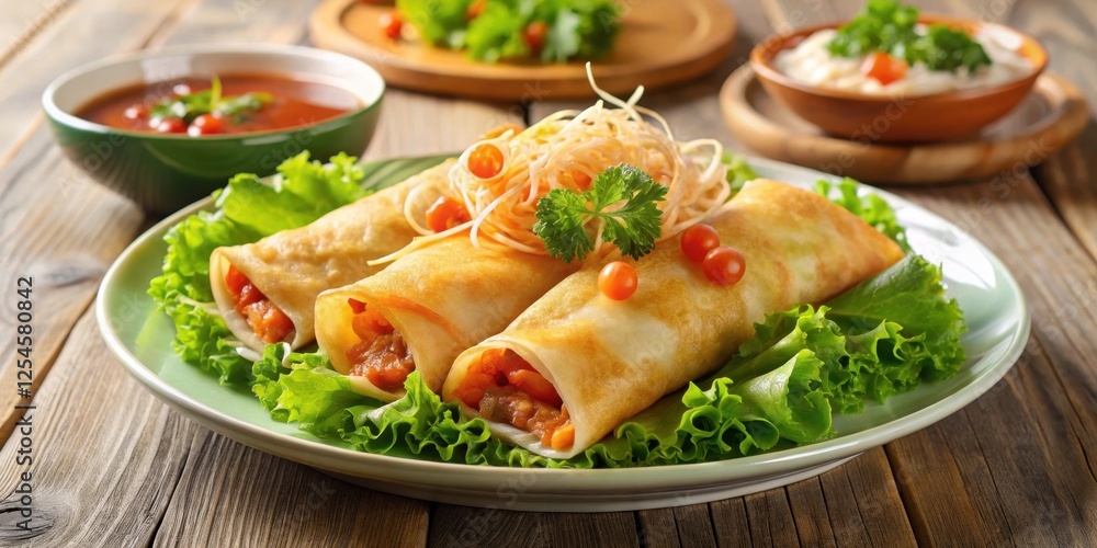 A crispy Vietnamese crepe filled with shrimp and pork, served on a plate with fresh lettuce, bean sprouts, and sweet sauce A crispy Vietnamese crepe filled with shrimp and pork, served on a plate with fresh lettuce, bean sprouts, and sweet sauce