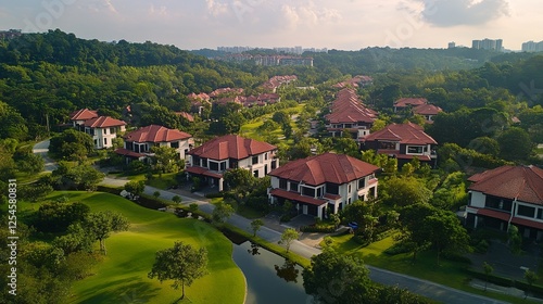 A drone shot of a premium residential neighborhood surrounded by greenery digital