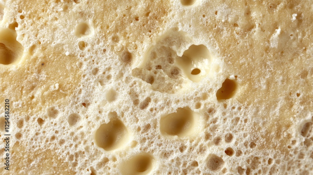 Macro Closeup Of Cheese Texture With Holes and Porosity Data Points in High Resolution Photography on Food Product Surface with Detail and Creaminess Features Using Detail Capture of Cheese Sample of Macro Closeup Of Cheese Texture With Holes and Porosity Data Points in High Resolution Photography on Food Product Surface with Detail and Creaminess Features Using Detail Capture of Cheese Sample of