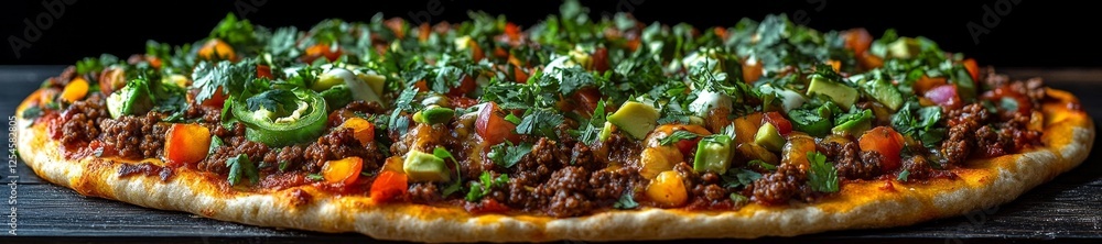 Close-up of a delicious pizza with beef vegetables and herbs. Generative AI Close-up of a delicious pizza with beef vegetables and herbs. Generative AI