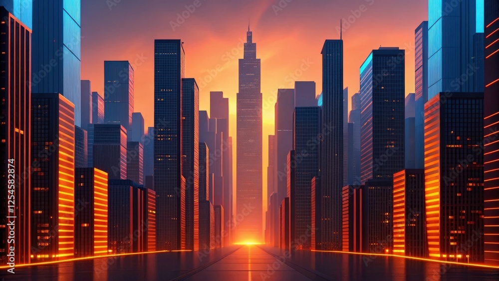 Fototapeta premium futuristic city skyline at sunset, warm light illuminates the skyscrapers. the scene evokes a sense of modern progress and ambition