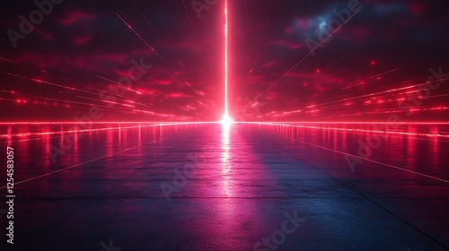 Fiery red laser beams converging into a single radiant point