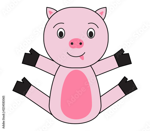 Cartoon pig with black hooves and a pink belly. Vector illustration.