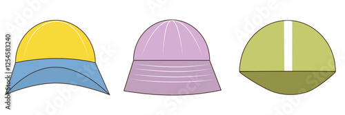 Three caps in yellow, purple, and green designs. Vector illustration.