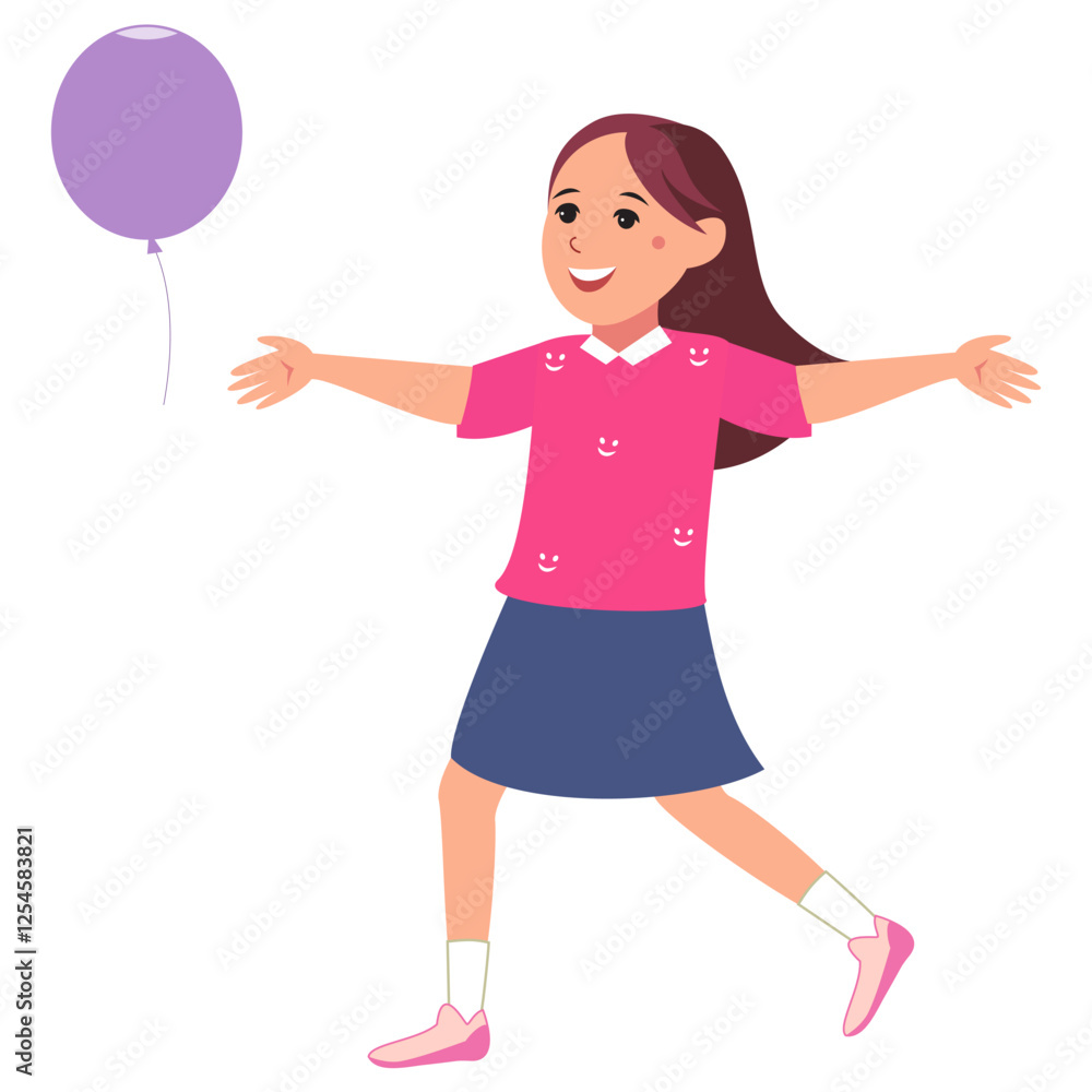 Cartoon of a girl in a pink shirt holding a purple balloon. Cartoon of a girl in a pink shirt holding a purple balloon.