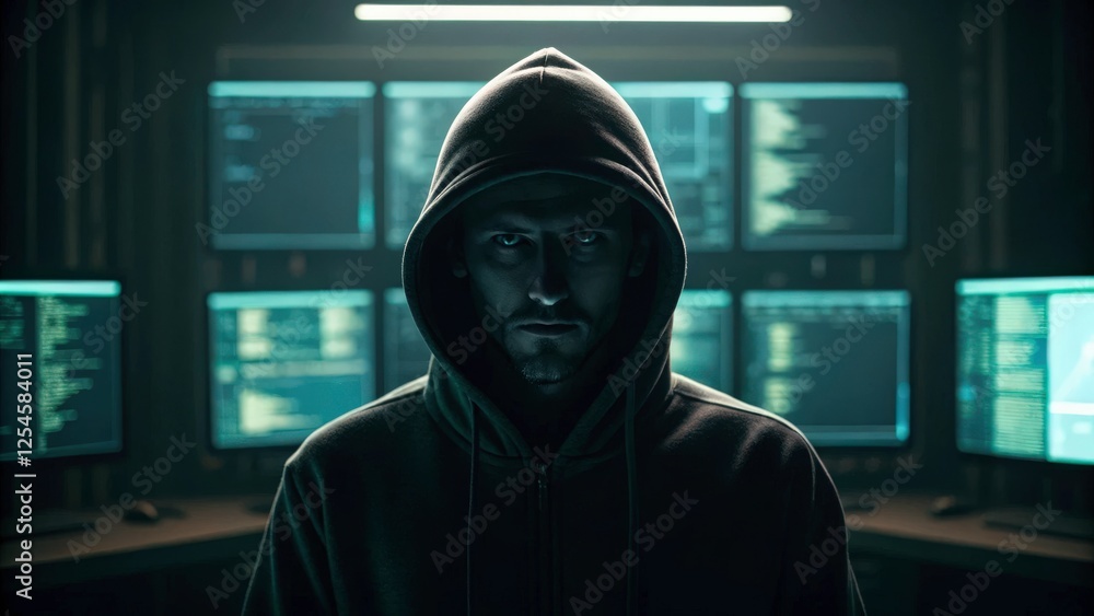 Mysterious Hacker in Dark Room with Multiple Monitors Mysterious Hacker in Dark Room with Multiple Monitors
