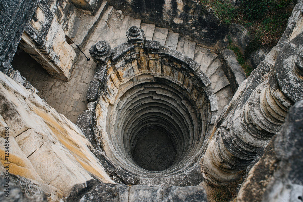 Naklejka premium A circuitous staircase spiraling within an ancient temple, culminating in a rooftop flag that marks the ultimate prize for the determined