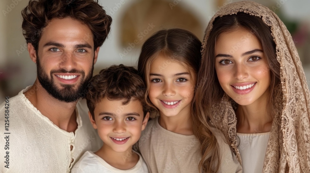Happy family of four smiling together with natural backgrounds. Generative AI Happy family of four smiling together with natural backgrounds. Generative AI