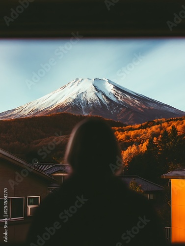 A photo of Mount Fuji taken from the window inside an old train in Japan, with a vintage vibe and film photography style