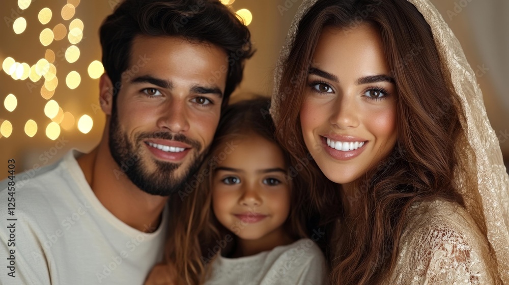 Smiling family portrait with bokeh lights background in a cozy setting. Generative AI Smiling family portrait with bokeh lights background in a cozy setting. Generative AI