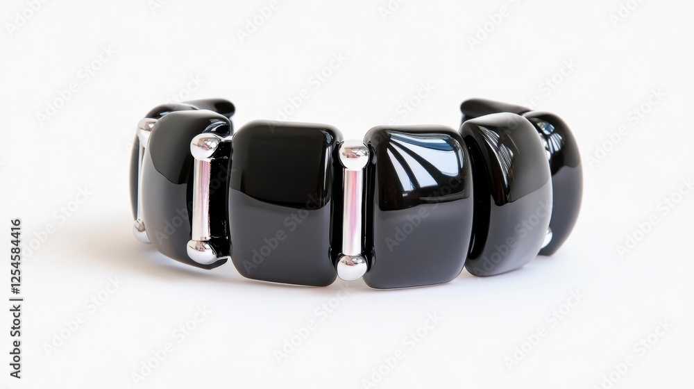 A shiny black bracelet with sleek design and silver accents on a white background. Generative AI A shiny black bracelet with sleek design and silver accents on a white background. Generative AI