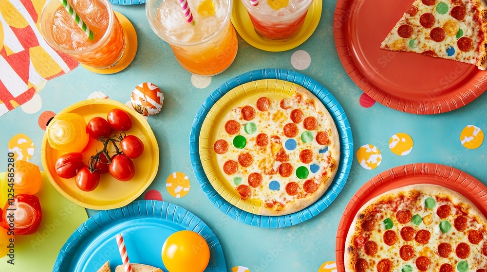 A fun pizza party setup with colorful plates, drinks, and party decorations for National Pizza Day digital A fun pizza party setup with colorful plates, drinks, and party decorations for National Pizza Day digital