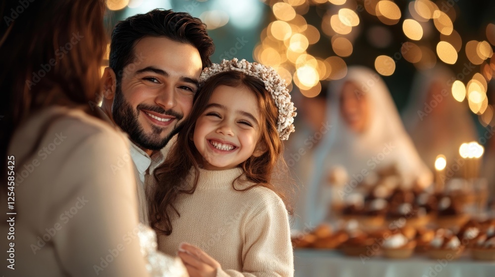 Father and daughter joyfully posing together during a festive celebration. Generative AI Father and daughter joyfully posing together during a festive celebration. Generative AI