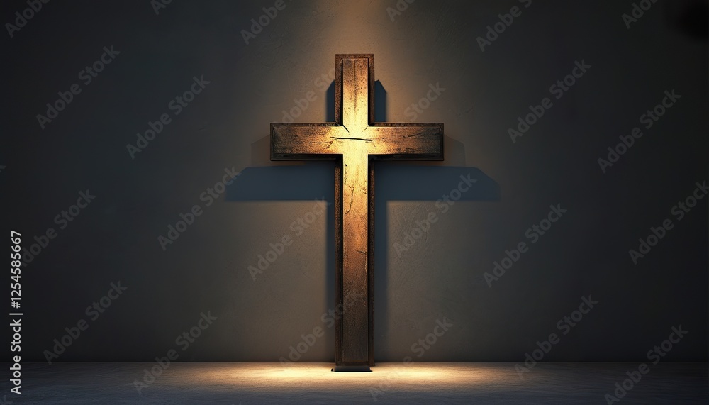 Naklejka premium A simple, backlit cross stands against a dark textured wall, illuminated by a warm light. The scene evokes feelings of faith, hope, and spirituality