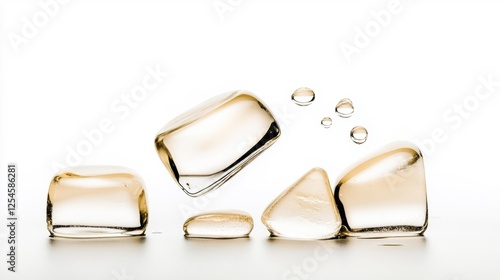Clear Ice Cubes and Water Droplets on White Background. Generative AI