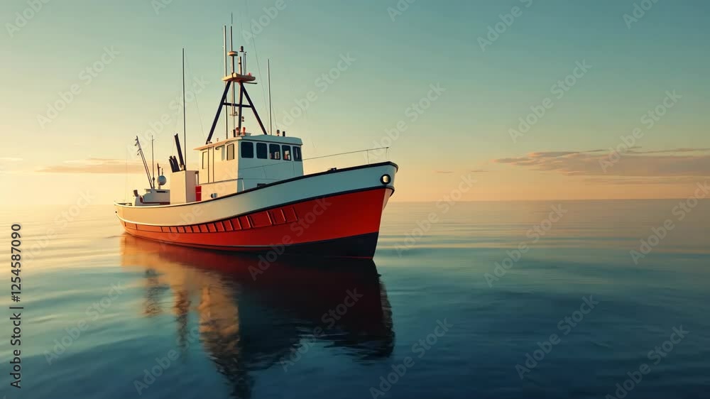 Fishing boat at sunrise gliding through calm waters on a serene morning Fishing boat at sunrise gliding through calm waters on a serene morning