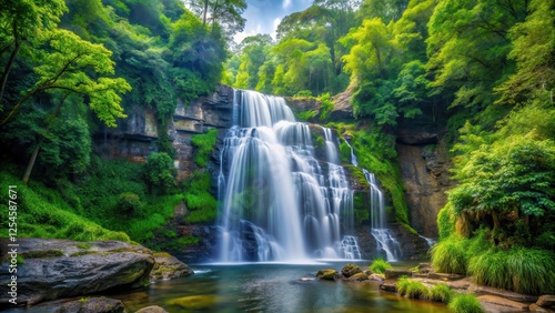 Dense foliage surrounds a serene waterfall cascading down a rocky cliffside amidst towering trees and vibrant greenery, scenic view, forest