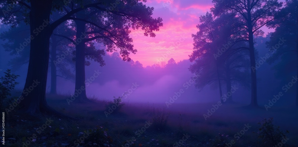 Fototapeta premium Soft purple light envelops a misty forest landscape at dusk, natural, forest