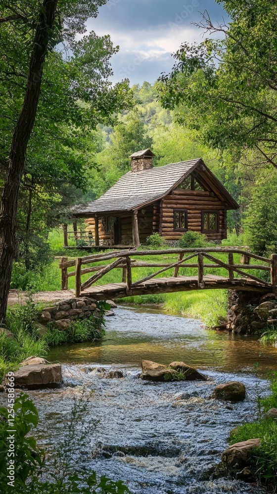 Rustic Log Cabin Surrounded by Lush Green Forest and Stream Rustic Log Cabin Surrounded by Lush Green Forest and Stream