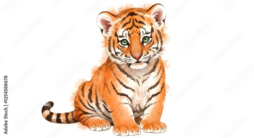 Fototapeta premium Cute Tiger Cub Watercolor Illustration Sitting Against White Background